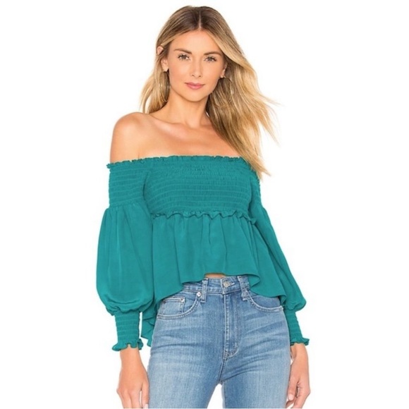 For Love & Lemons × Revolve Off The Shoulder Smocked Blouse in Emerald Size S - Picture 2 of 12